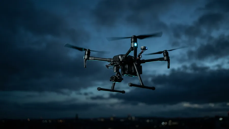 Dron en vuelo con un esquema del alcance visual del piloto y la altura sobre el terreno