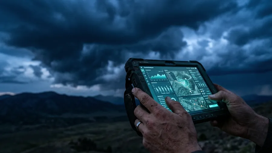 Piloto de dron revisando el cielo y una tablet con datos meteorológicos antes de despegar