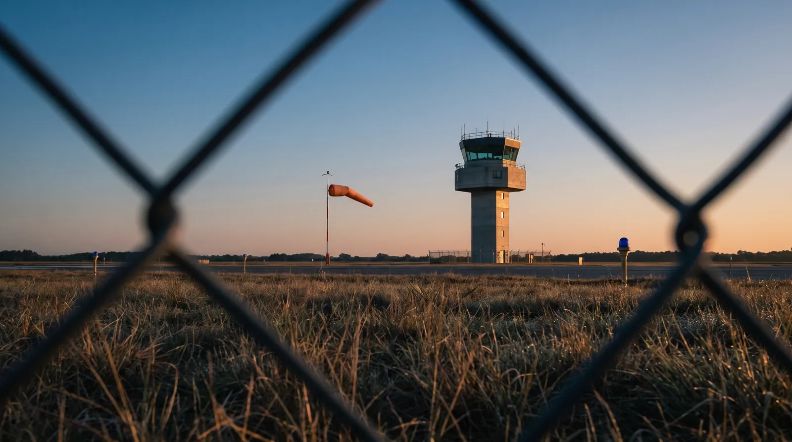 Torre de control de un aeródromo pequeño al amanecer, vista desde detrás de la valla perimetral, con una manga de viento junto a la pista.