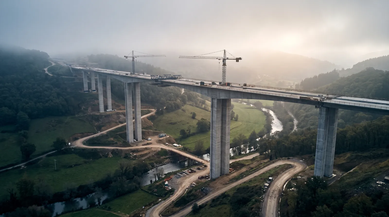Viaducto de hormigón en construcción sobre un valle verde con neblina, con dos grúas torre y caminos de obra.