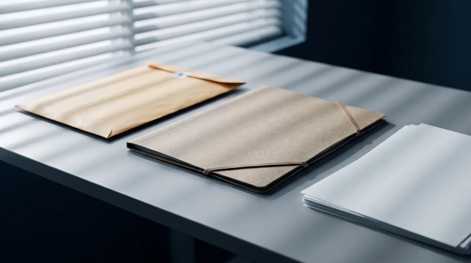 Sobre cerrado y carpeta de expediente con gomas sobre una mesa de oficina, con la luz de una persiana formando franjas.