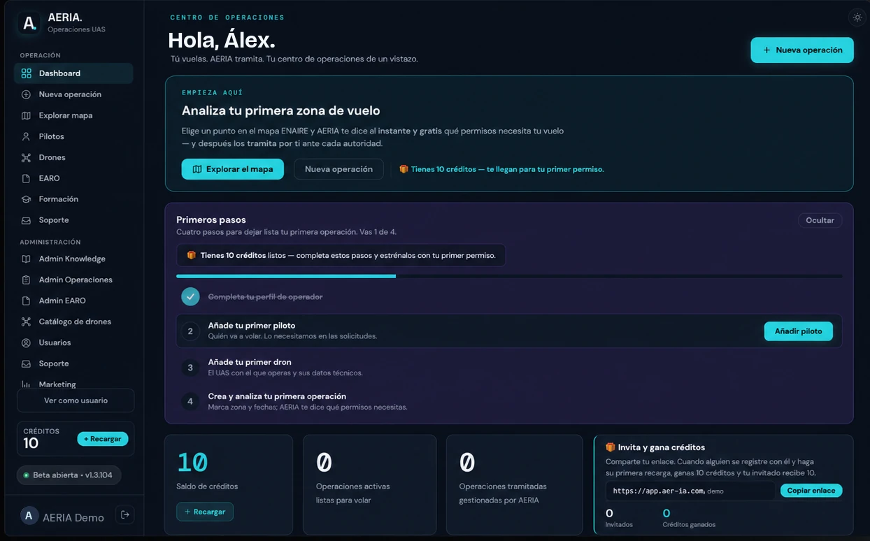 Centro de operaciones de AERIA: analizar zonas de vuelo, gestionar pilotos y drones y tramitar autorizaciones desde un único panel.